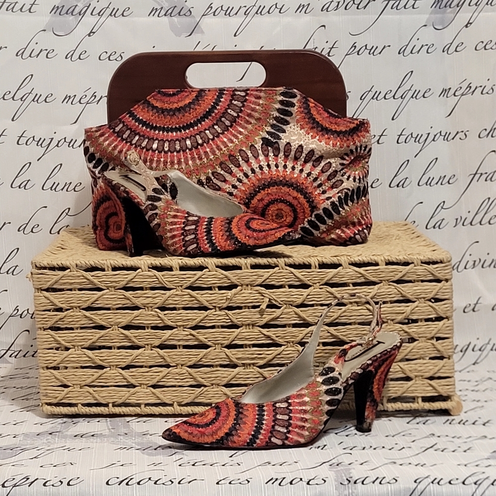 J.Renee Red Orange Black Patterned Slingback Pumps with Matching Clutch